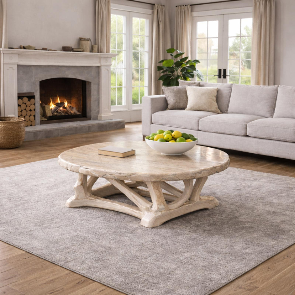 Handcrafted Driftwood Style Round Coffee Table Sculptural Coastal Living Room Interior