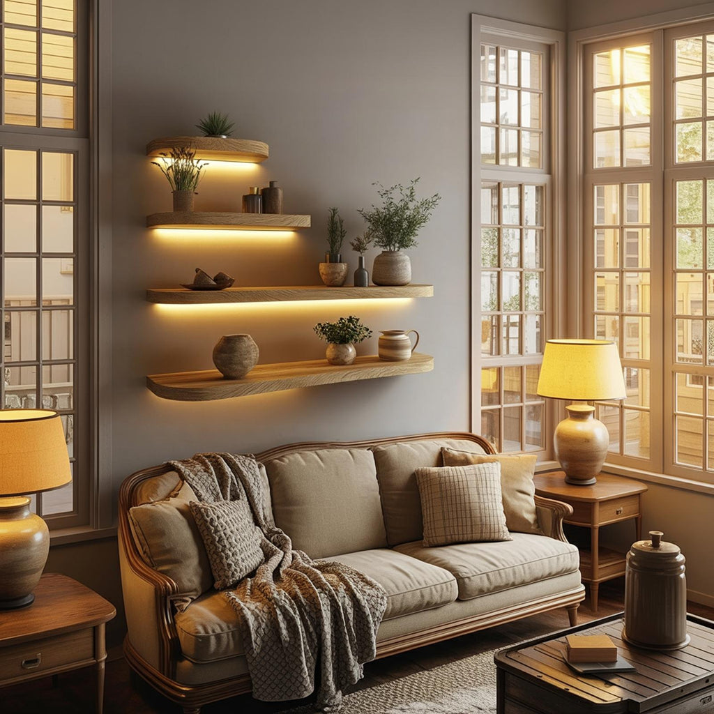 Warm Light Solid Wood Floating Shelves Modern Wall Display Interior
