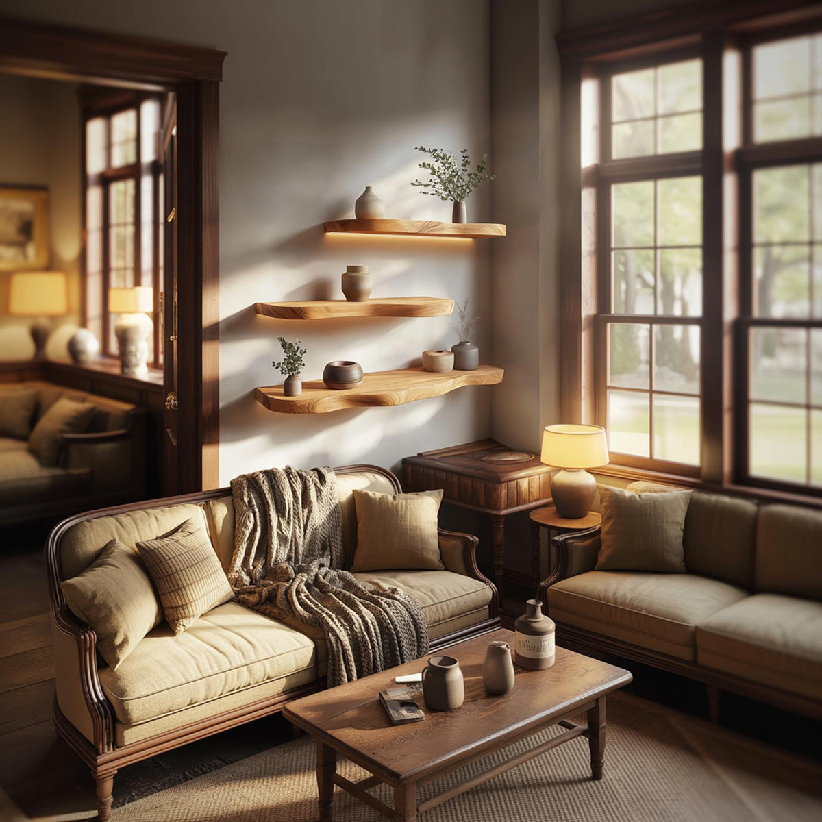 Minimal Solid Wood Floating Shelves with Integrated Lighting, Modern Wall Mounted Display Shelf for Living Room