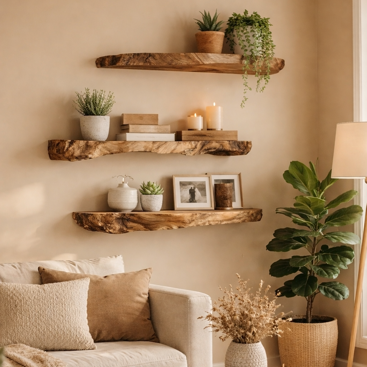 Modern Natural Slab Floating Kitchen Shelves, Solid Wood Wall Hanging Display Ledges, Heavy Duty Pantry Storage