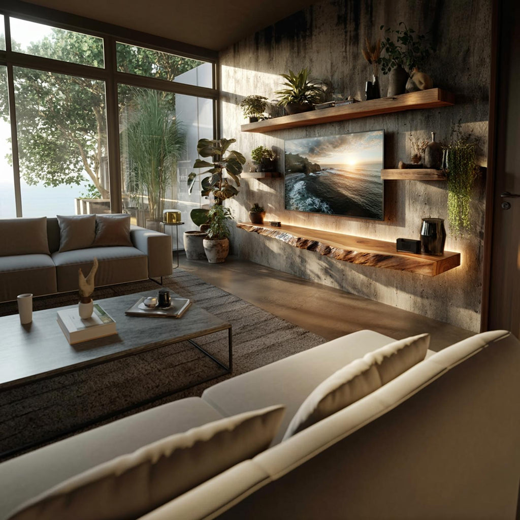 Artistic Live Edge Floating TV Shelf Solid Wood Living Room Interior Signature Furniture