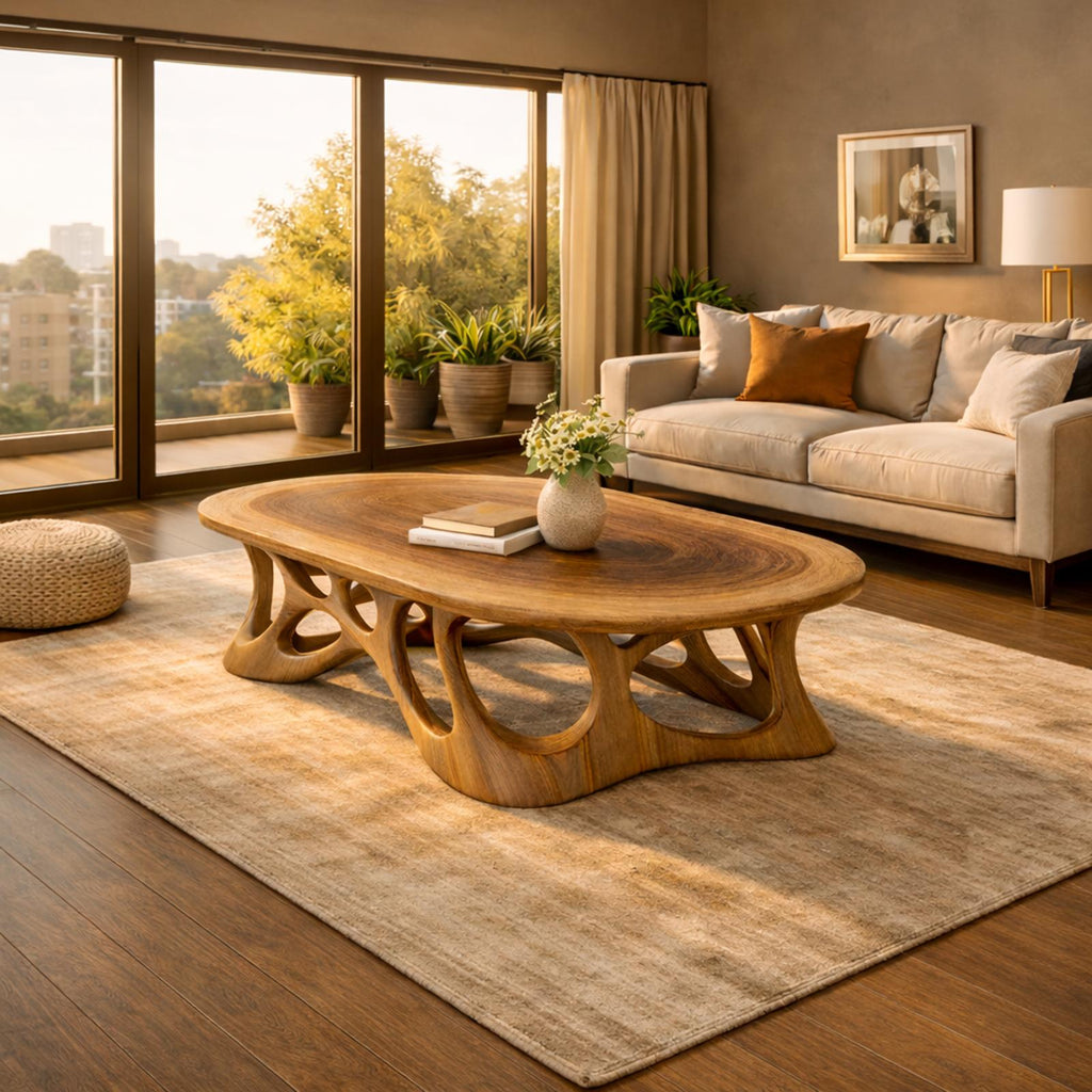Sculpted Oval Solid Wood Coffee Table, Organic Flow Center Table for Mid-Century Modern Living Room Decor