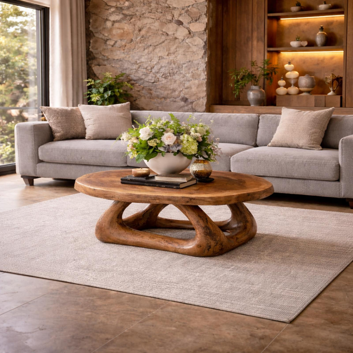Curved Sculptural Solid Wood Coffee Table, Artistic Statement Center Table for Luxury Modern Living Room Interior