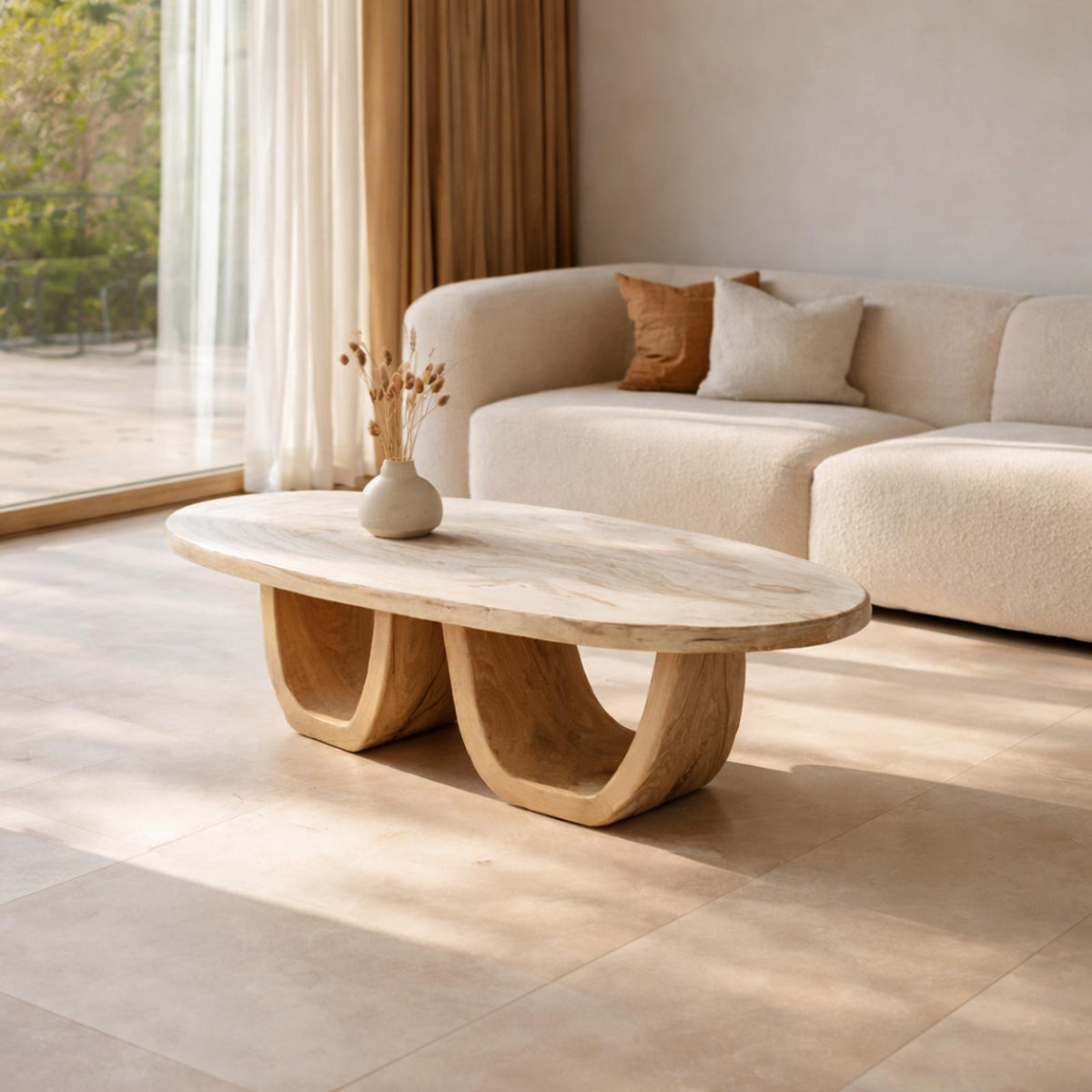 Elegant Oval Solid Wood Coffee Table Sculptural Twin Base Calm Modern Living Room Interior