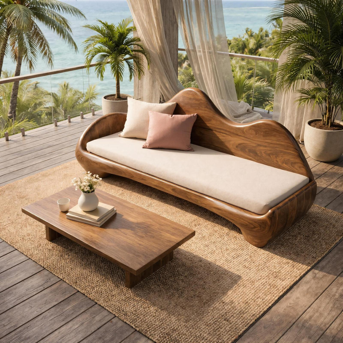Modern Sculptural Wood Sofa Living Room Organic Curved Wooden Couch