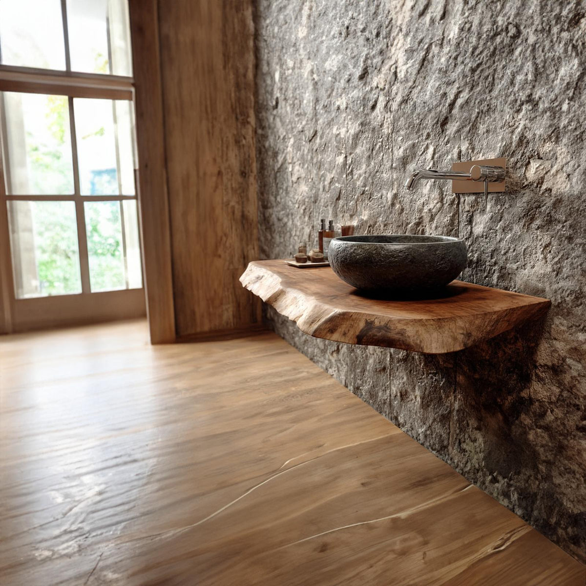 Spry Interior Rustic Live Edge Wood Floating Shelf, Powder Room Vanity Natural Solid Wood Wall Shelf, Model SINLKIBRV172