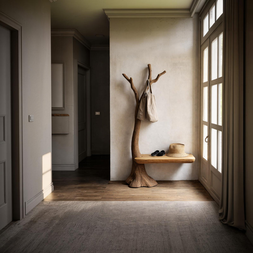 Sculptural Tree Coat Rack Bench Solid Wood Entryway Interior Minimal Storage