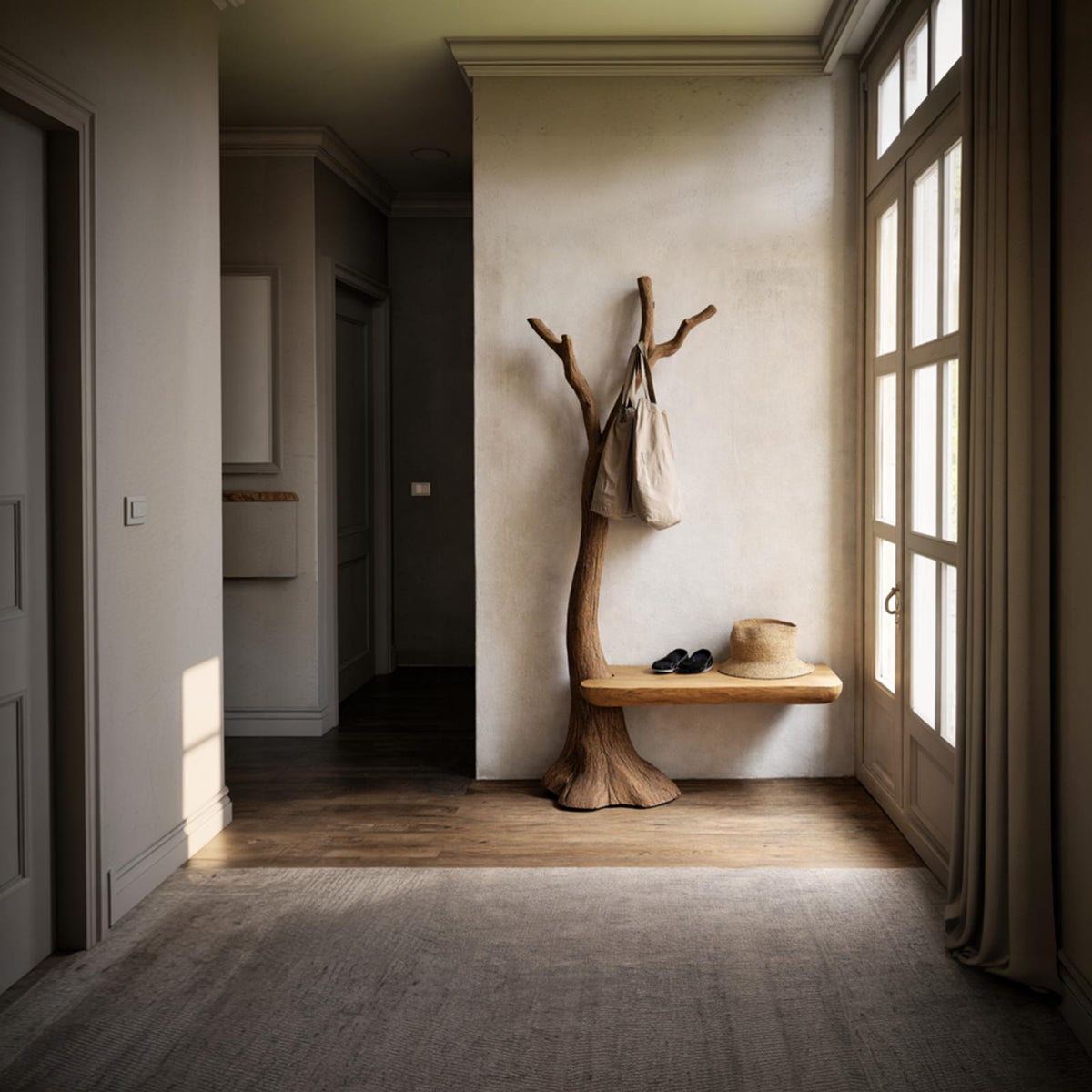 Sculptural Tree Coat Rack Bench Solid Wood Entryway Interior Minimal Storage