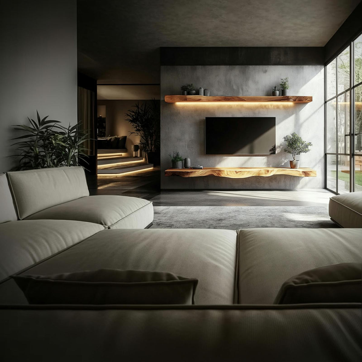 Rustic Sculptural Floating Shelf Solid Wood Living Room Interior Architectural Furniture