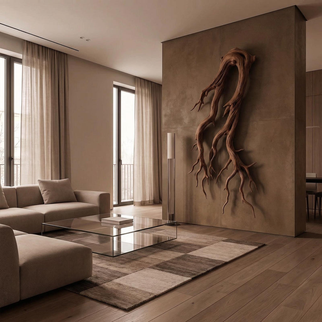 Rustic Root Wood Wall Sculpture, Handcrafted Natural Teak Hanging Art for Living Room & Entryway