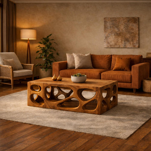 Architectural Carved Solid Wood Coffee Table Organic Void Design Statement Living Room Interior