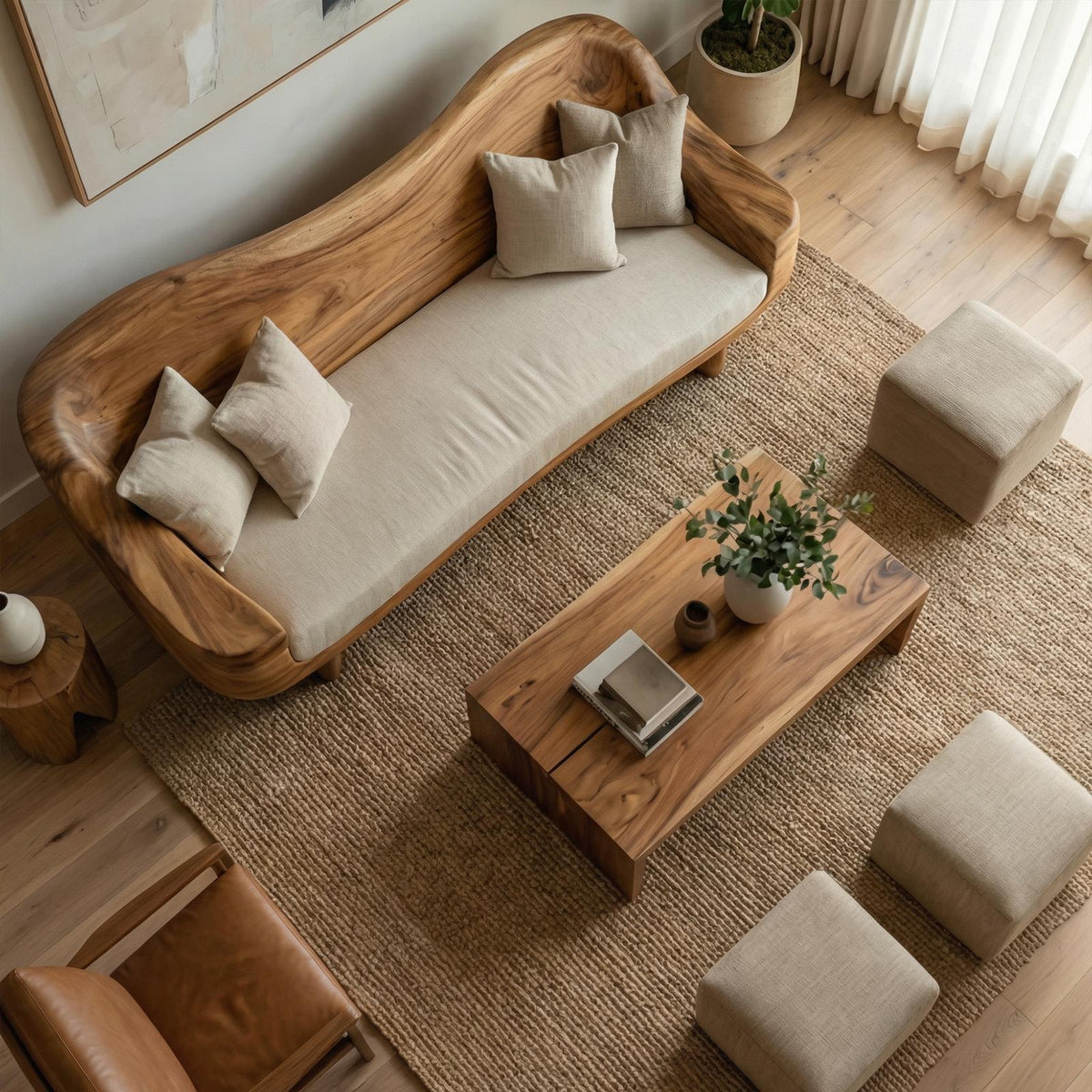 Organic Live Edge Wood Sofa Living Room Natural Sculptural Couch