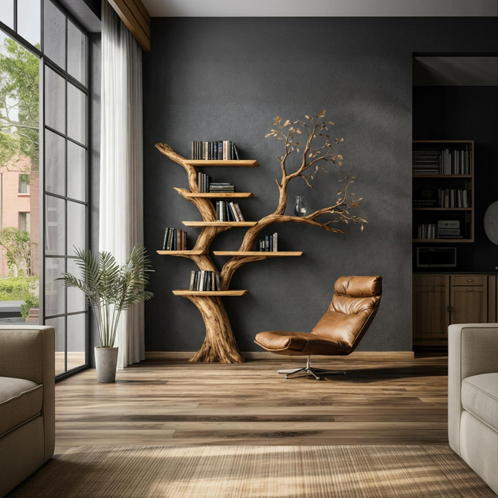 Handcrafted Solid Wood Tree Bookshelf, Unique Sculptural Wall Mounted Floating Branch Bookcase Statement Piece