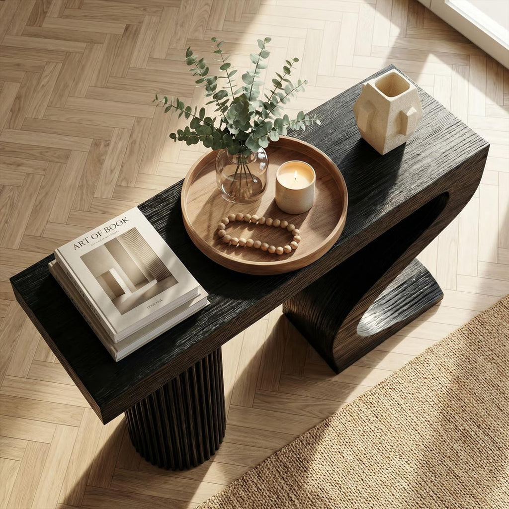 Modern Sculptural Wood Console Table, Handcrafted Entryway & Living Room Sofa Back Table