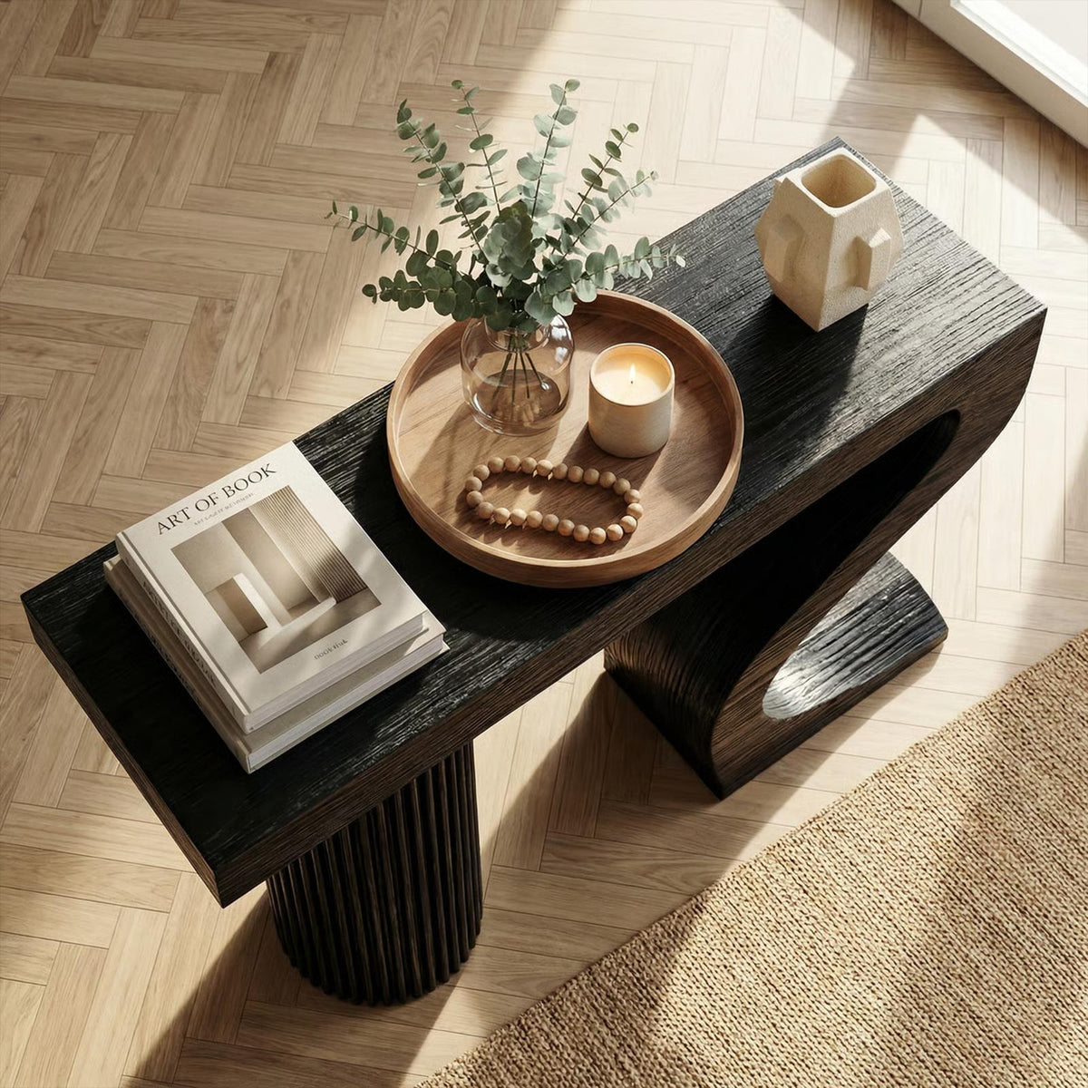 Modern Sculptural Wood Console Table, Handcrafted Entryway & Living Room Sofa Back Table