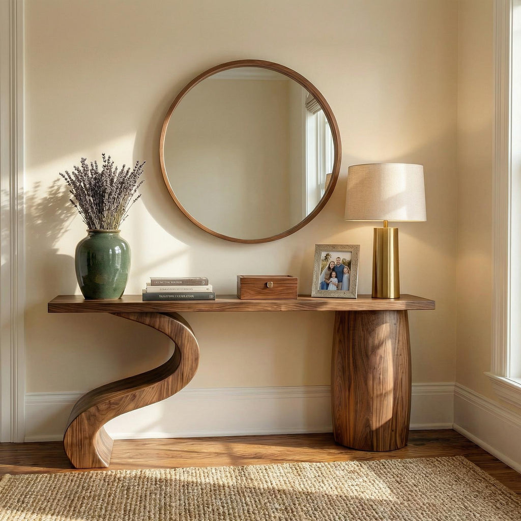 Contemporary Wave Base Wood Console Table, Sculptural Entryway, Hallway & Sofa Back Table