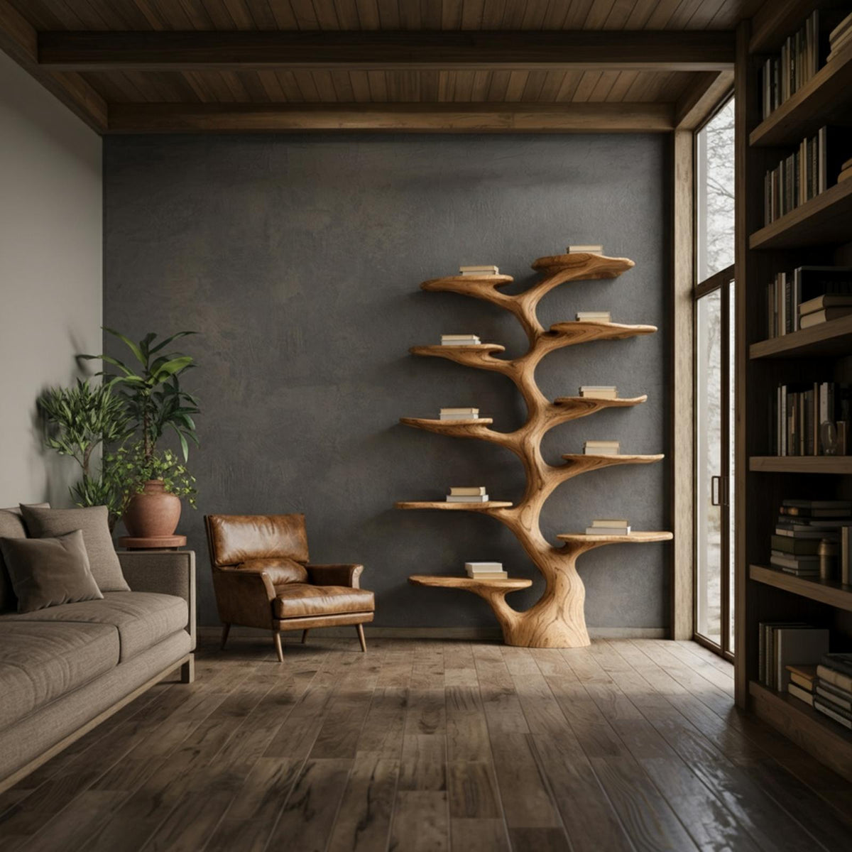Rustic Solid Wood Tree Bookshelf, Handcrafted Vertical Wall Mounted Branch Display Bookcase for Living Room