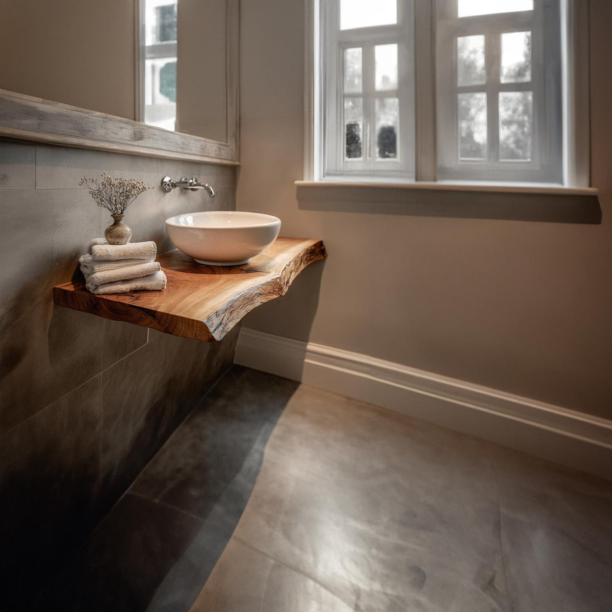 Teezano Mid Century Live Edge Floating Shelf, Powder Room Natural Solid Wood Wall Mounted Shelf, Model SINLKIBRV169