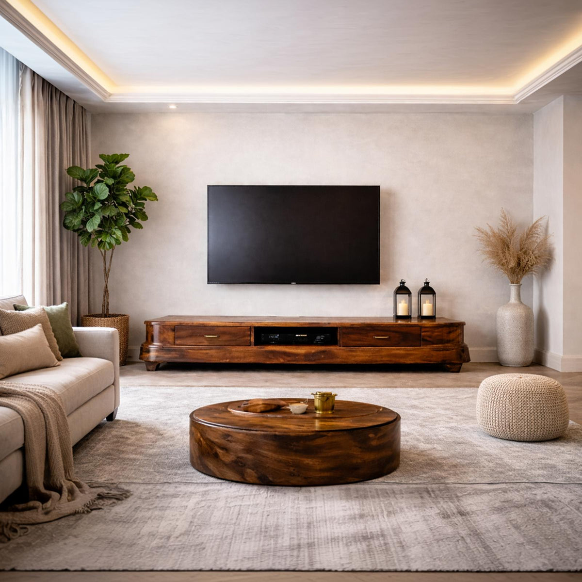 Rustic Handcrafted Solid Wood Media Storage Cabinet, Minimalist TV Console Sideboard Credenza for Living Room