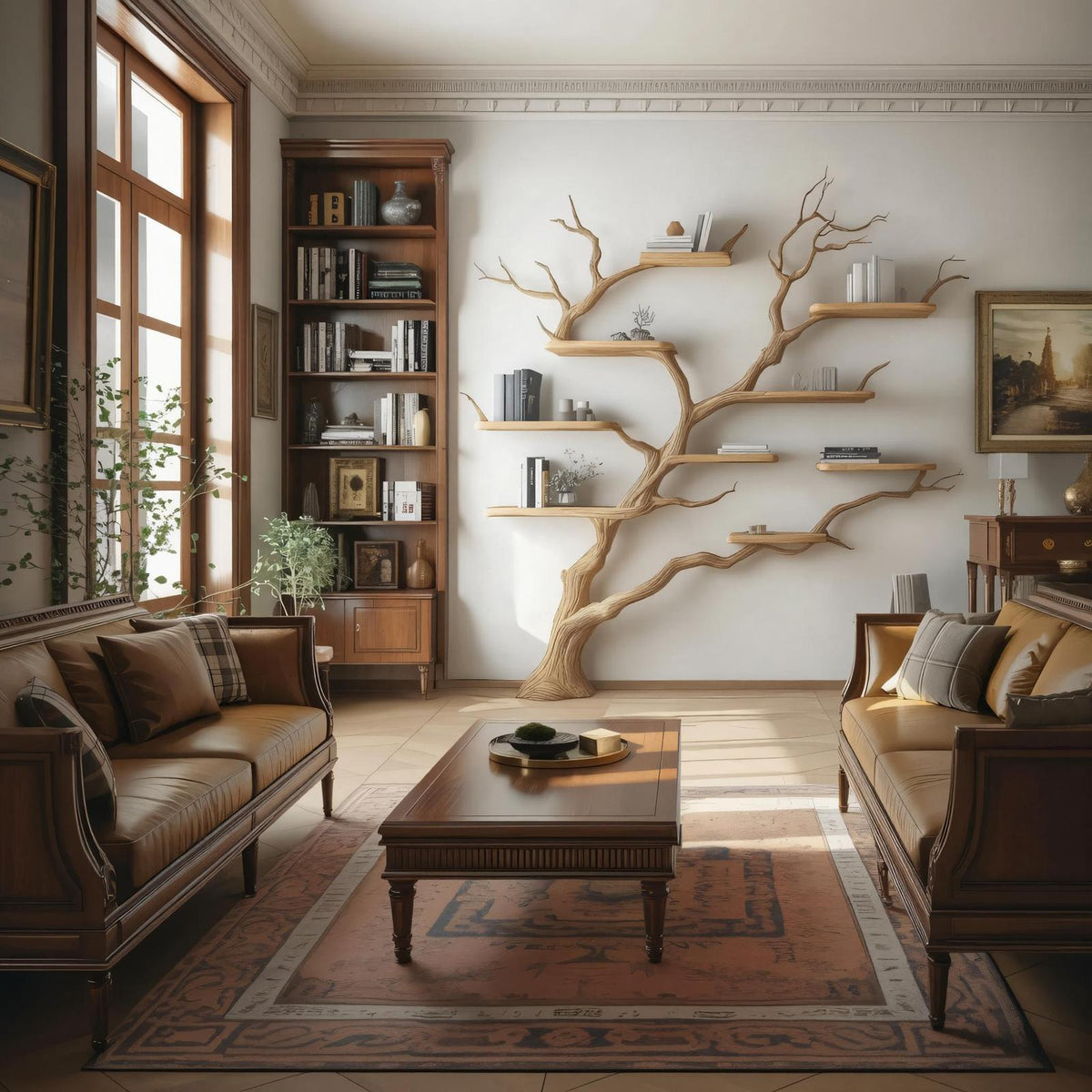 Rustic Handcrafted Wood Tree Wall Bookshelf, Floating Branch Mounted Bookcase Statement Piece for Living Room Decor