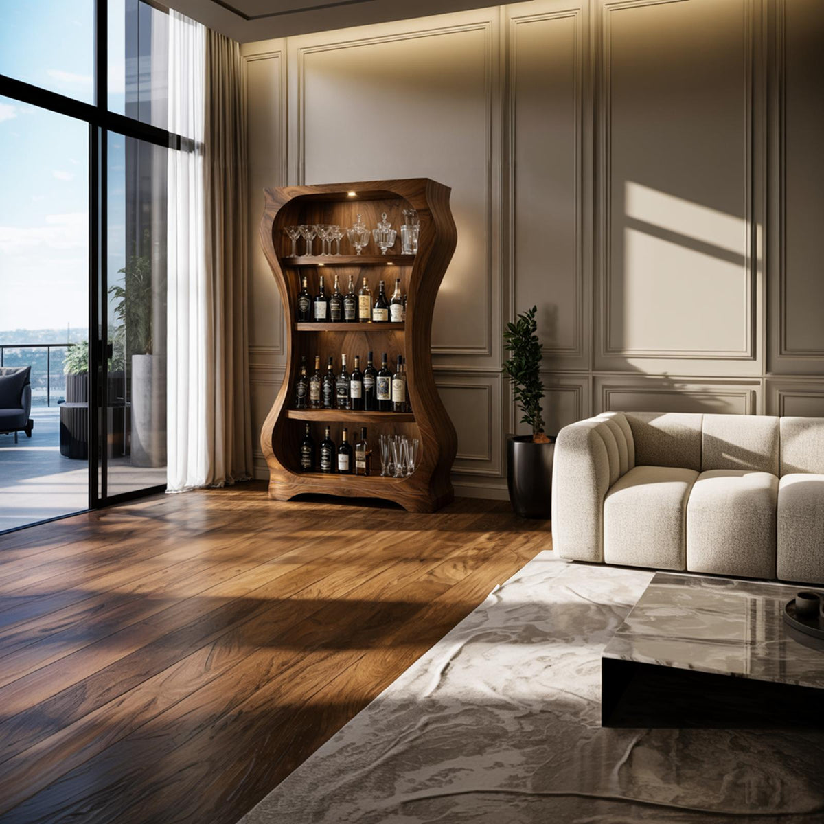 Sculptural Wood Wine Display Cabinet Interior SINLKISC452