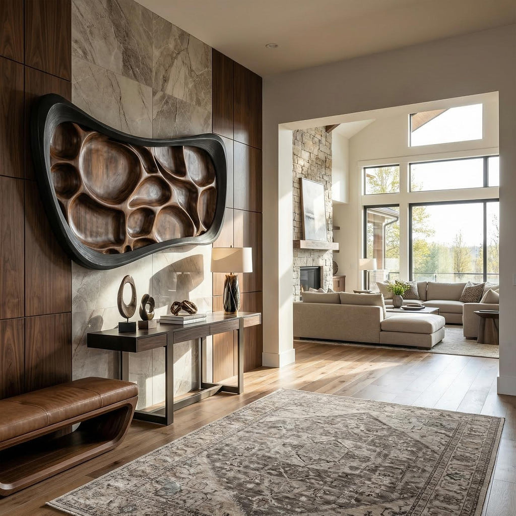 Rustic Wood Sculpture Wall Panel, Handcrafted 3D Wooden Hanging Art for Living Room & Lounge