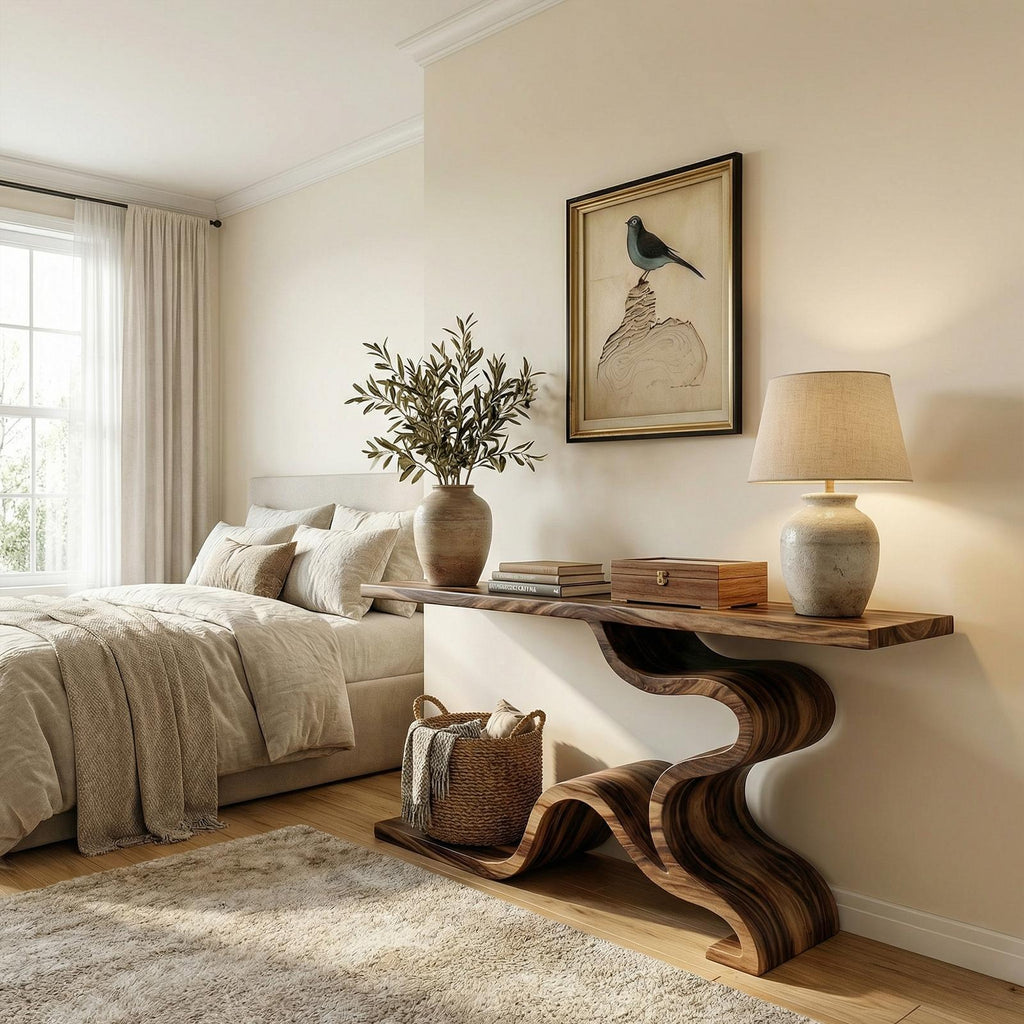 Sculptural S-Curve Wood Console Table, Handcrafted Sofa Back & Entryway Accent Table