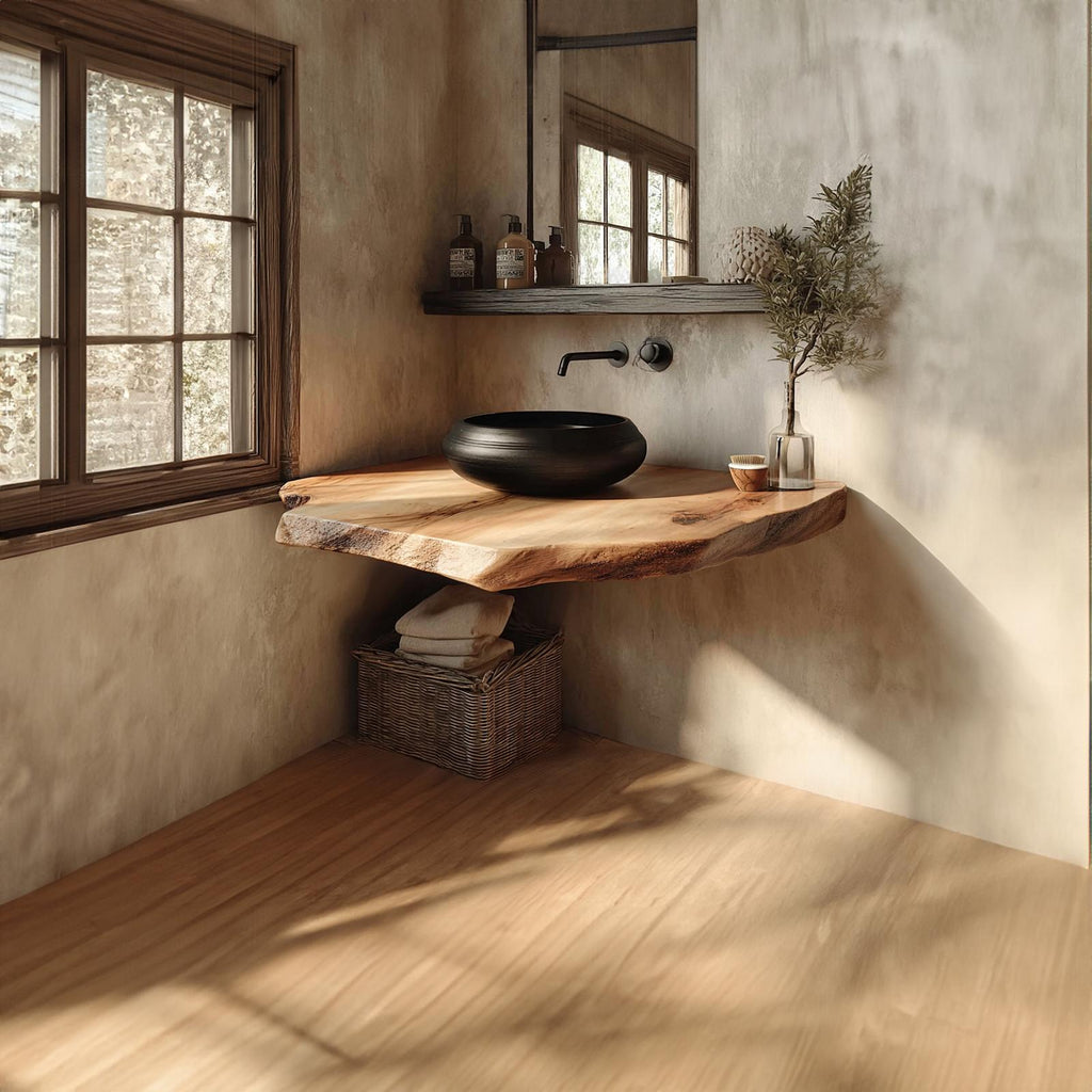 Mid Century Live Edge Wood Floating Shelf, Powder Room Vanity Natural Solid Wood Wall Shelf, Model