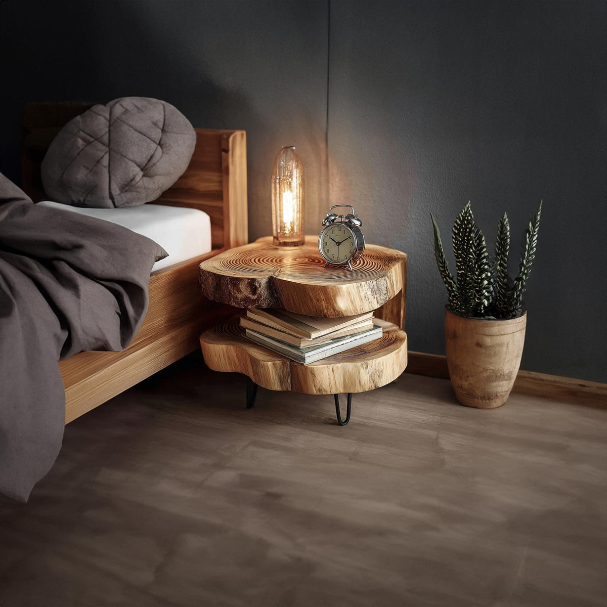 Rustic Solid Wood Bedside Table, Handcrafted Natural Wood Nightstand for Bedroom, Accent End Table with Metal Legs