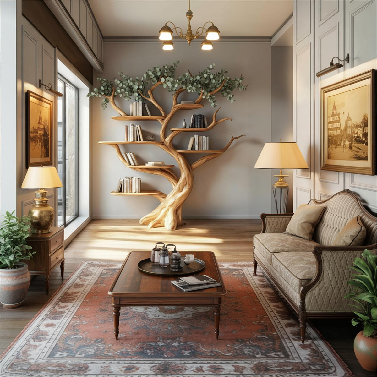 Handcrafted Wood Tree Storage Bookcase, Floating Branch Wall Mounted Bookcase Statement Piece for Living Room