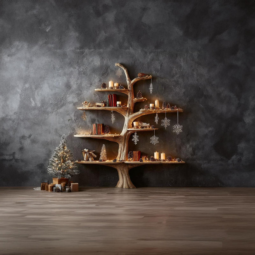 Rustic Tree Bookshelf Winter Living Room