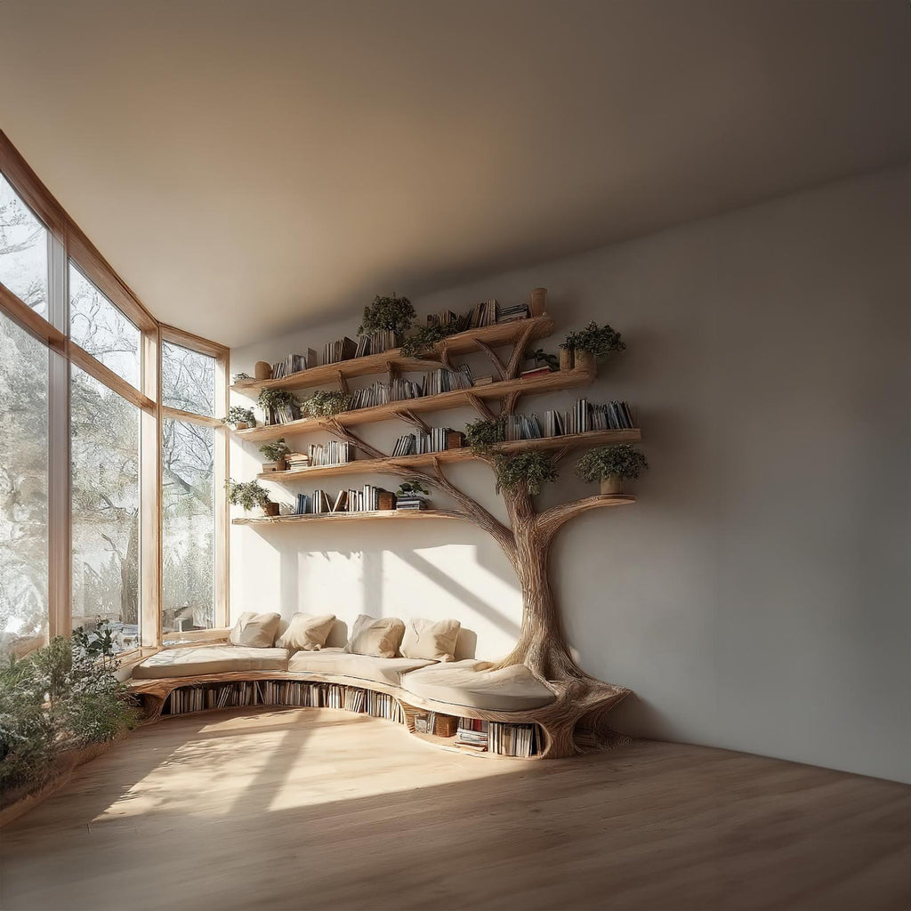 Rustic Tree Bookshelf Seating Home Office