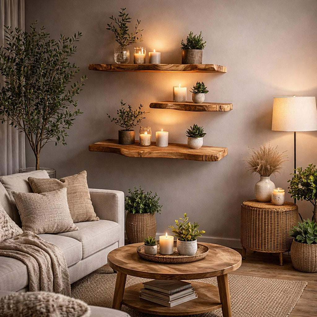 Rustic Farmhouse Live Edge Wooden Floating Shelf For Cozy Corner Decor