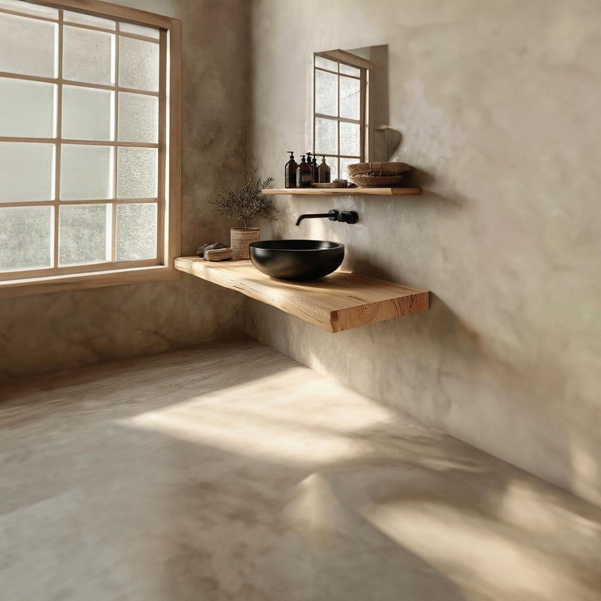 Mid-Century Floating Shelf, Natural Edge Solid Wood Bathroom Vanity, Single Sink Washroom Wood Countertop