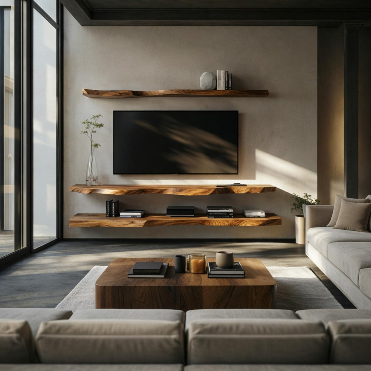 Rustic Live Edge Floating Media Shelf Solid Wood Living Room Interior Wall Mounted