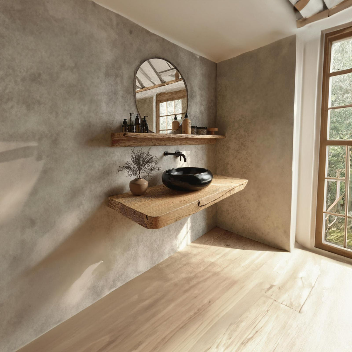 Rustic Floating Shelf, Natural Live Edge Solid Wood Bathroom Vanity Countertop, Single Sink Console Shelf
