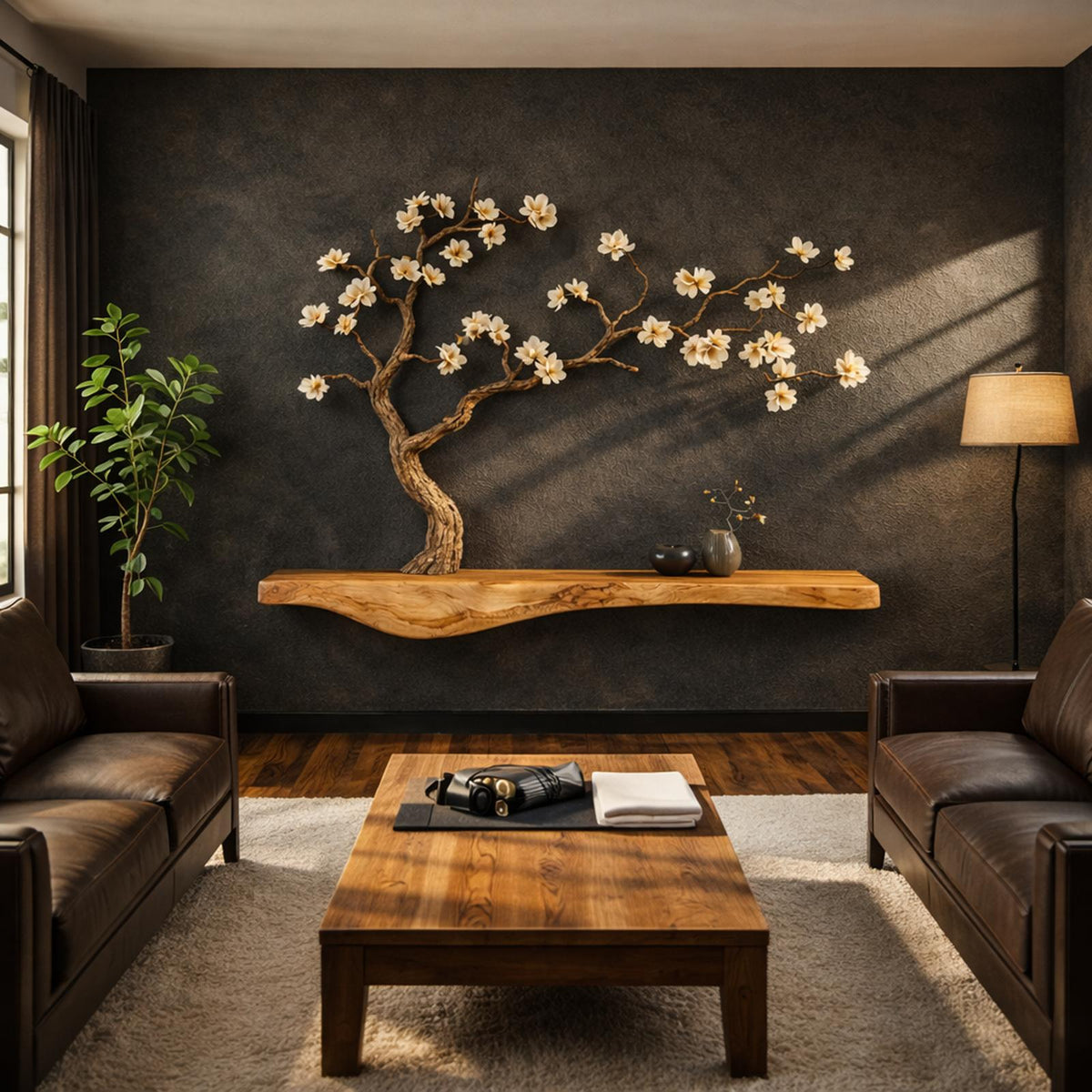 Rustic Tree-Inspired Solid Wood Wall Shelf, Organic Branch Decor Storage Unit for Japandi Style Rooms