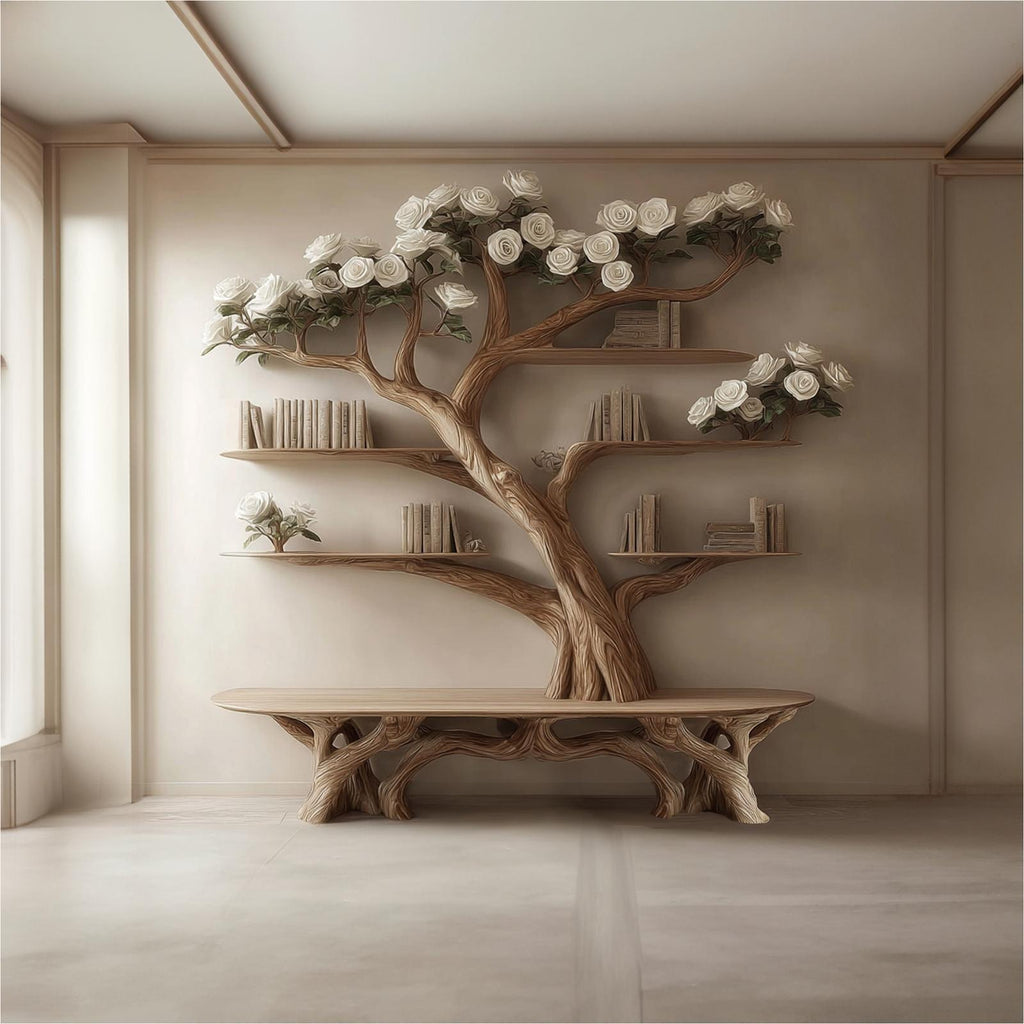Rustic Tree Bookshelf Bench Living Room