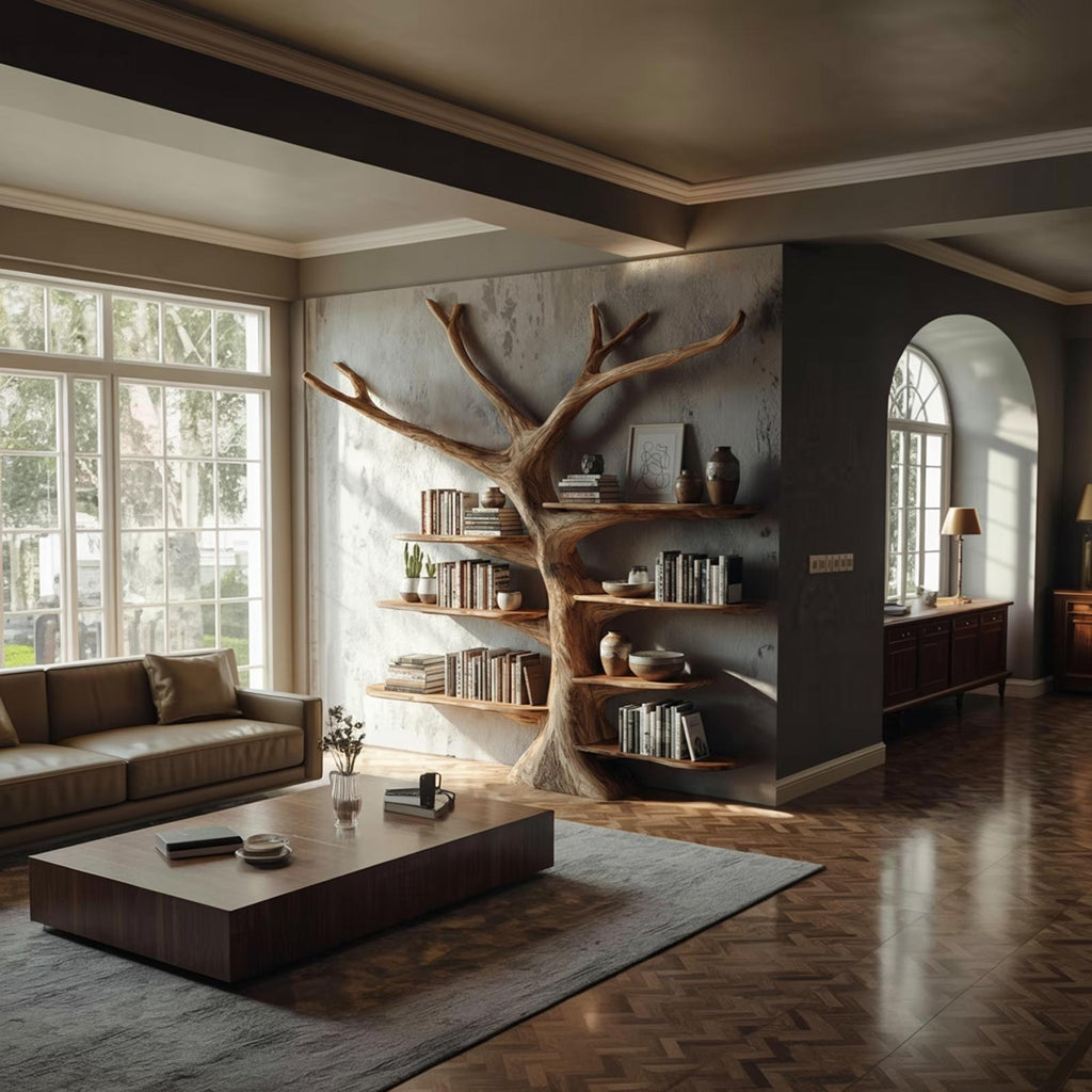 Rustic Tree Wall Mounted Bookshelf, Handcrafted Wood Branch Bookcase Storage, Floating Decorative Library Organizer
