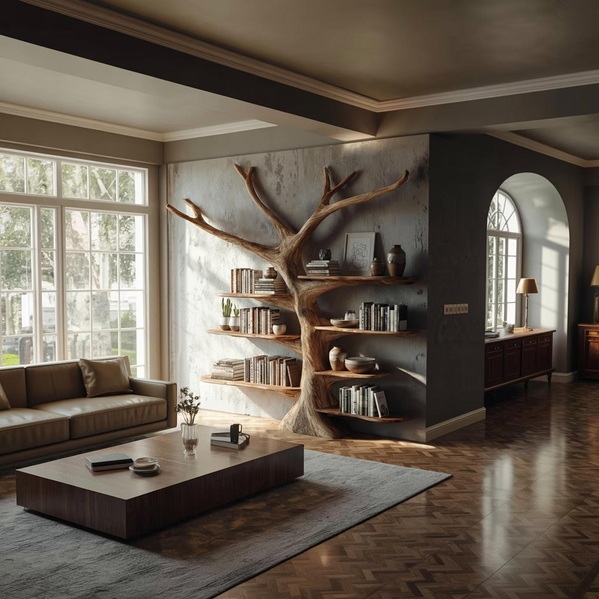 Rustic Tree Wall Mounted Bookshelf, Handcrafted Wood Branch Bookcase Storage, Floating Decorative Library Organizer