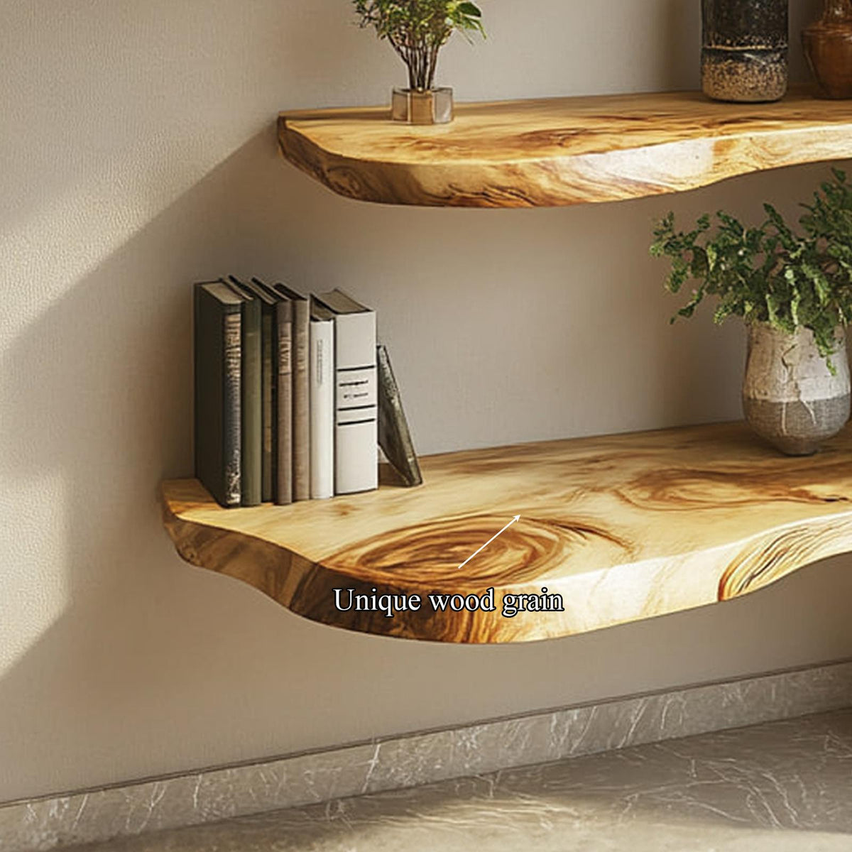 Rustic Live Edge Solid Wood Floating Display Shelf, Wall Mounted Decorative Organizer for Dining Room, Office, Living Room