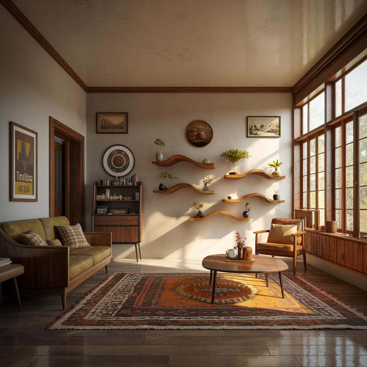 Curved Solid Wood Floating Shelves Organic Modern Living Room Interior