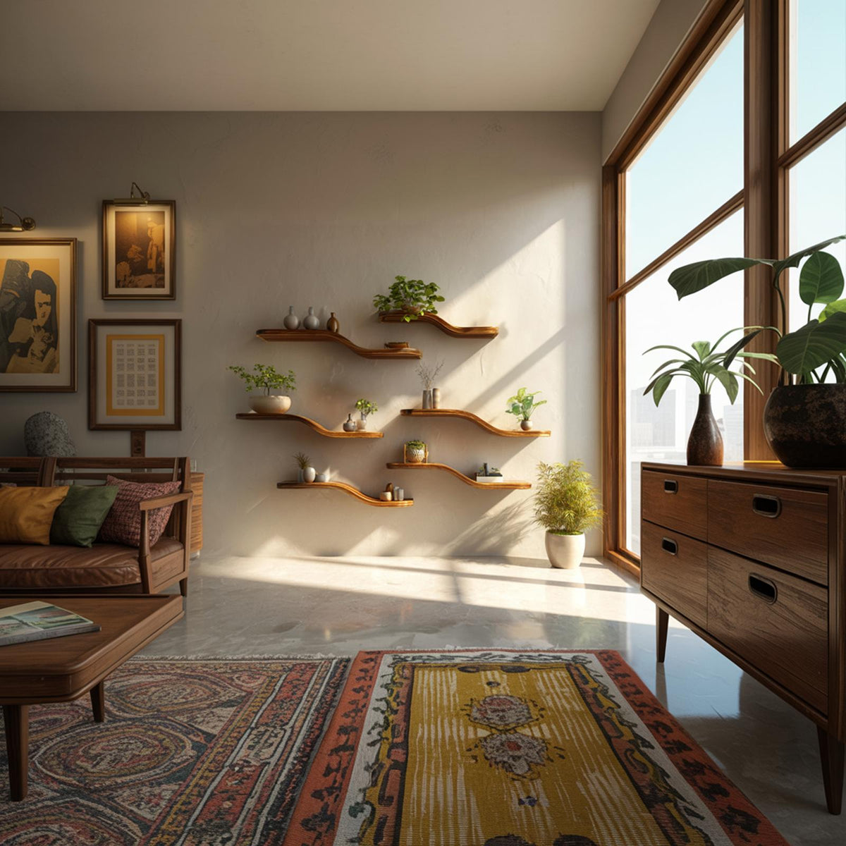 Organic Wave Solid Wood Shelf Floating Wall Media Display Interior