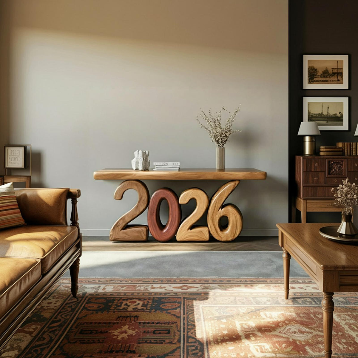 Sculptural Modern Wooden Console Table, Abstract Geometric Entryway & Living Room Art Deco Accent Table