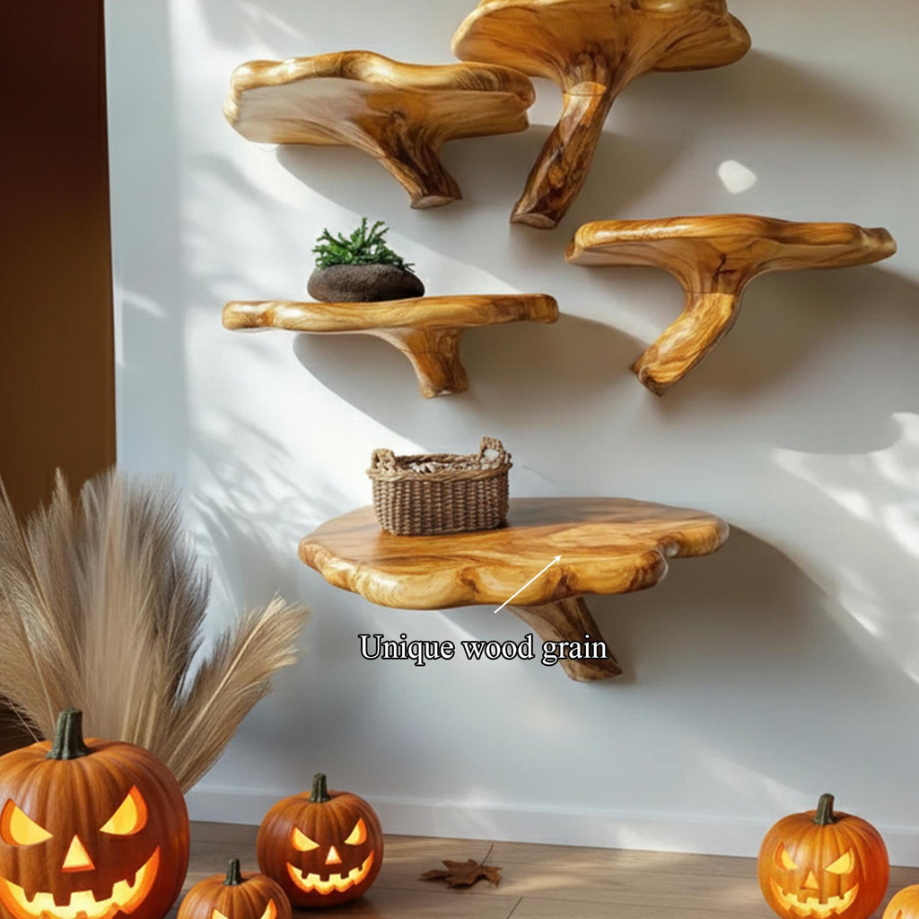 Mid-Century Modern Halloween Floating Shelf, Rustic Wooden Tree Branch Wall Shelf, Spooky Gothic Home Decoration