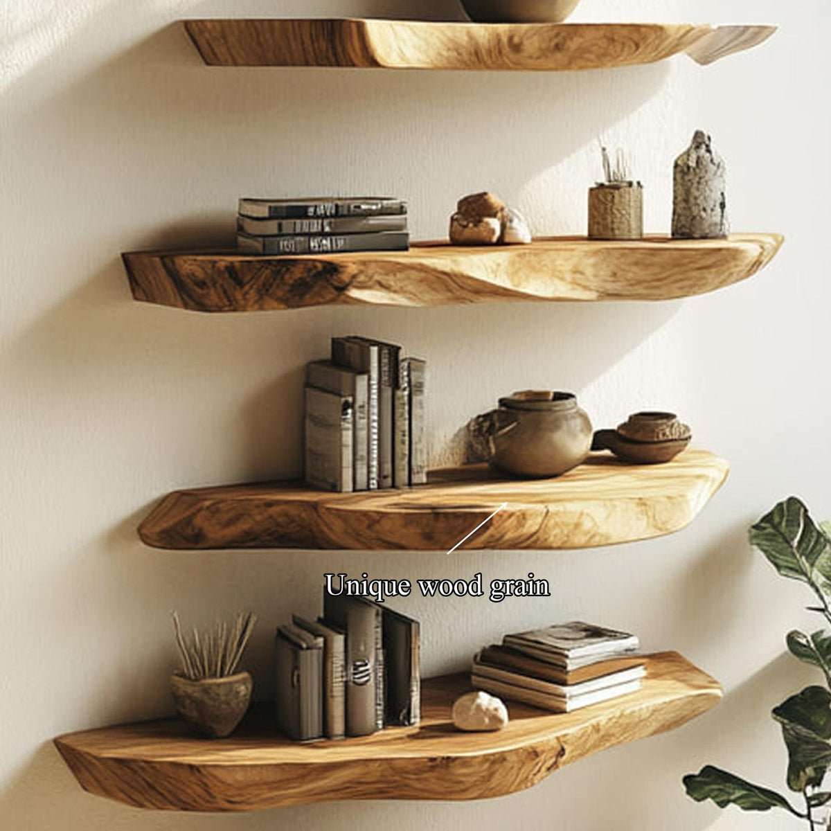 Rustic Live Edge Wood Floating Shelf, Wall Mounted Kitchen Spice Rack & Living Room Storage Organizer with Natural Edge