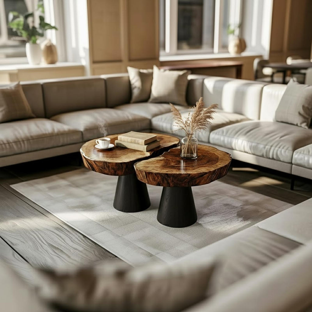Live Edge Solid Wood Coffee Table with Black Metal Base, Rustic Industrial Living Room Center Accent Table