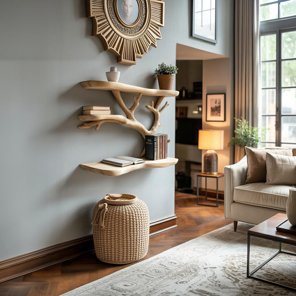 Tree Branch Shaped Floating Wall Shelf, Rustic Wood Display Bookshelf for Bedroom, Kids Room & Living Room Decor