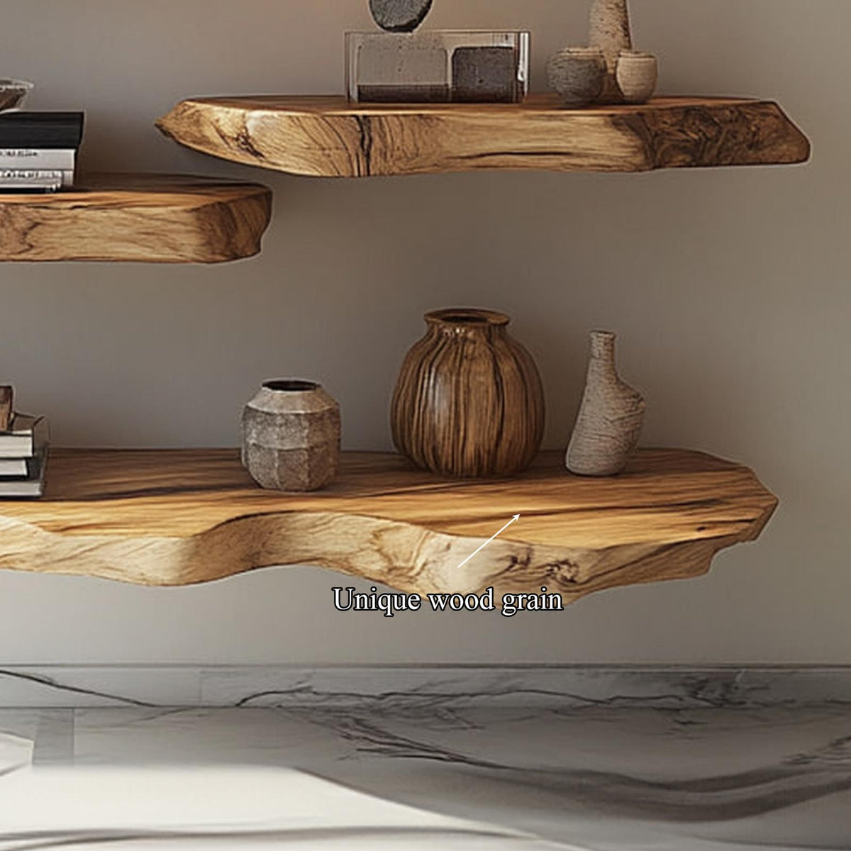 Handcrafted Live Edge Floating Wood Display Shelf, Wall Mounted Rustic Bookshelf Decor for Study Room, Lounge or Bedroom
