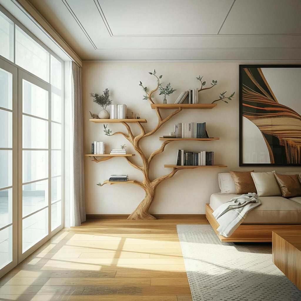 Rustic Nature Inspired Wood Branch Bookshelf, Handcrafted Floating Wall Mounted Bookcase Storage for Bedroom Decor